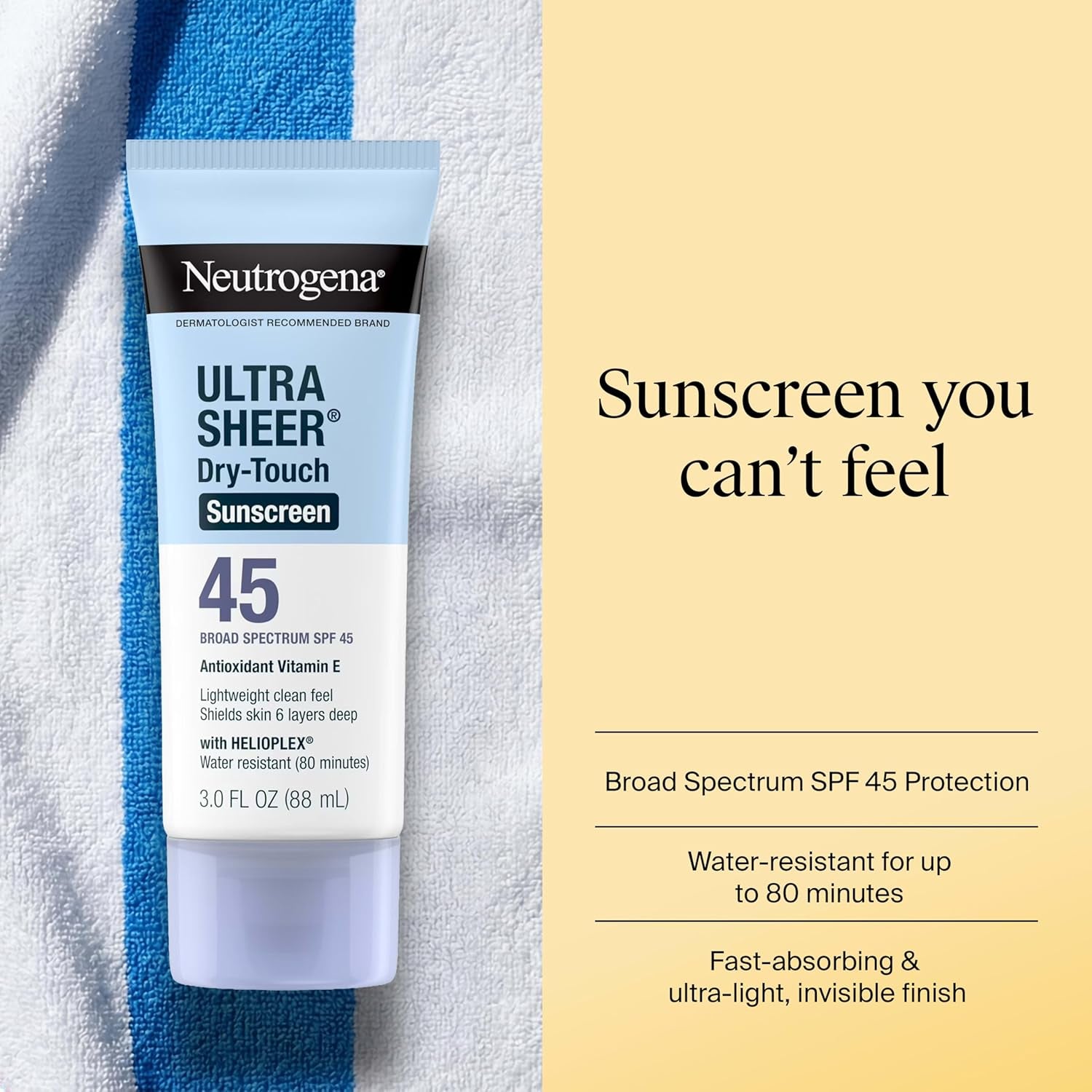 Neutrogena Ultra Sheer Dry-Touch Sunscreen for Face & Body, SPF 45 Broad Spectrum UVA/UVB Protection, Lightweight Water Resistant & Non-Greasy, Travel Size Sunscreen, 3 Fl. Oz 2 Pack