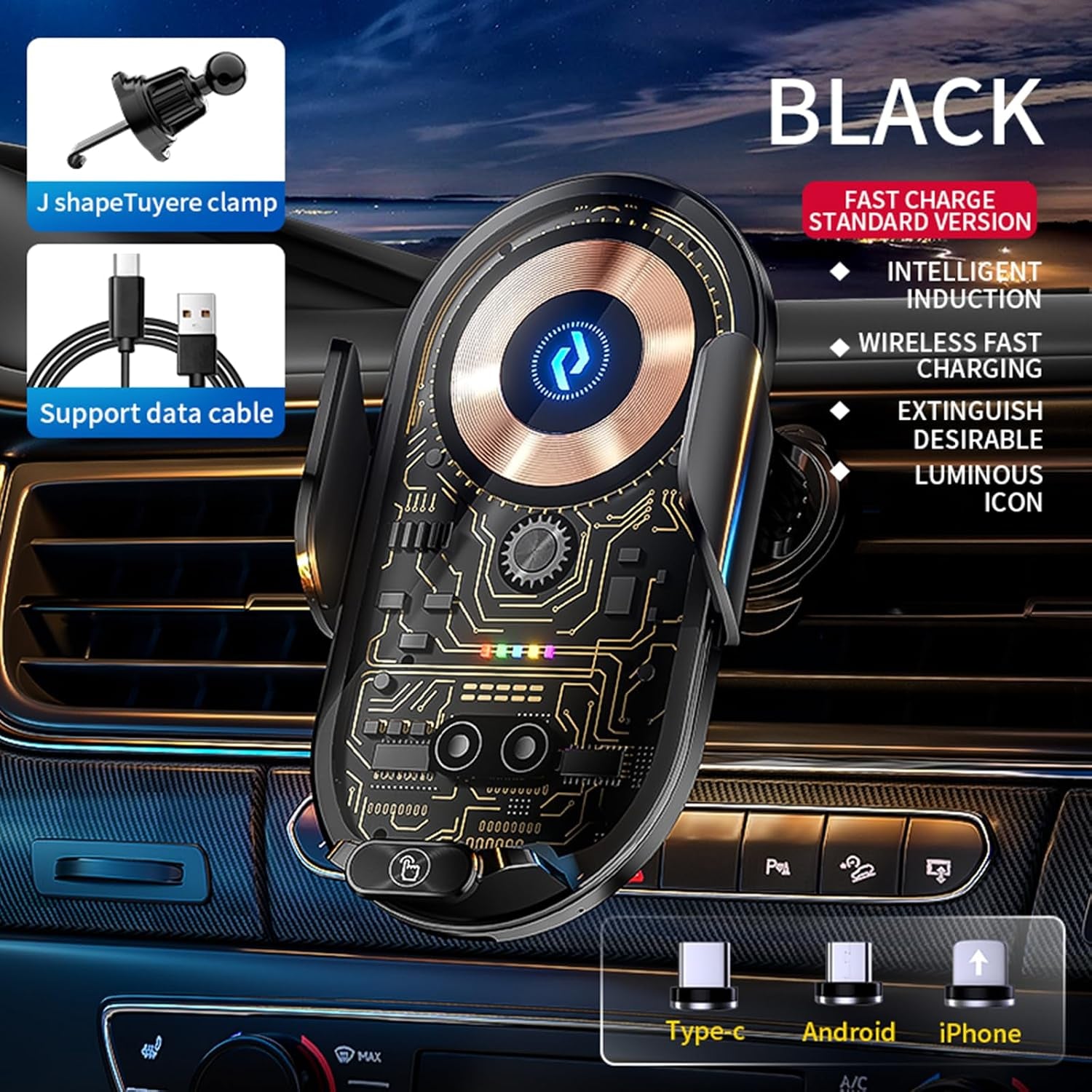 Wireless Car Charger Car Phone Holder Mount Wireless Charging Transparent Compatible Charging Air Vent Mount Phone Holder Fit for All Android Smartphone(Black)
