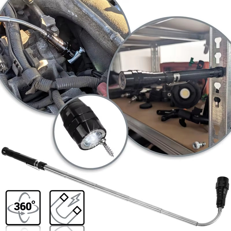 360° Inspection Mirror LED Light Extend Telescopic Inspection Work Mirror with Grip Handle Car Maintenance Repairing Pickuptools
