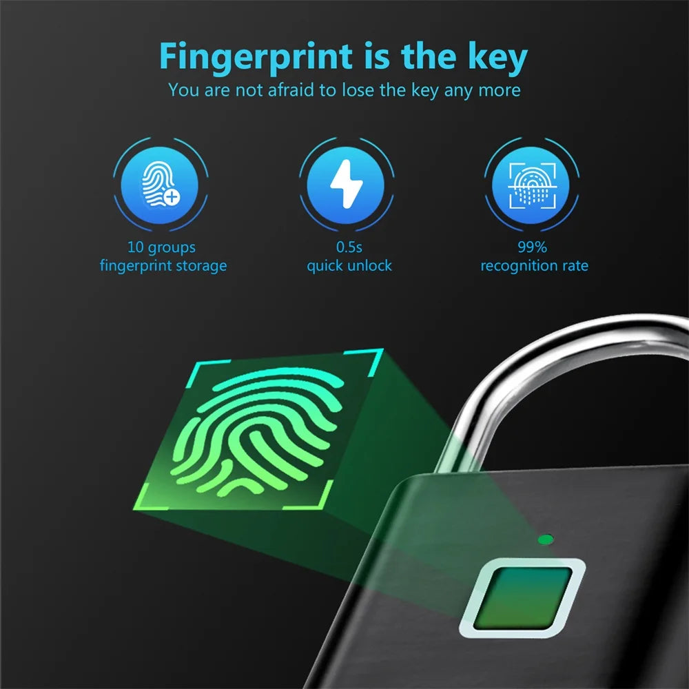 KERUI Keyless USB Rechargeable Fingerprint Smart Padlock - Waterproof, Quick Unlocking, Portable Anti-Theft Zinc Lock