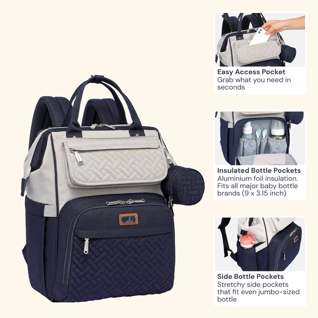 Babbleroo Wide Top Diaper Bag Backpack- Stone Gray & Blue