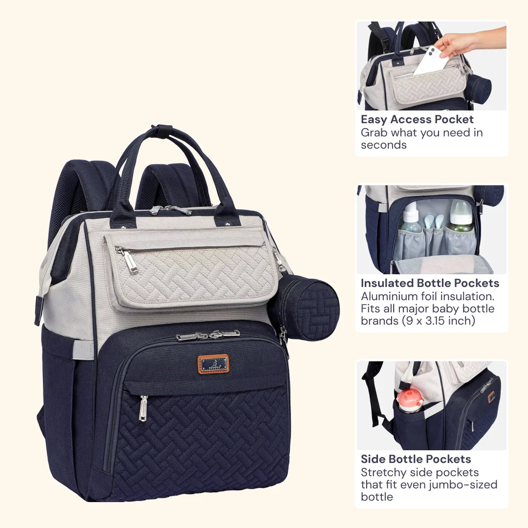 Babbleroo Wide Top Diaper Bag Backpack- Stone Gray & Blue
