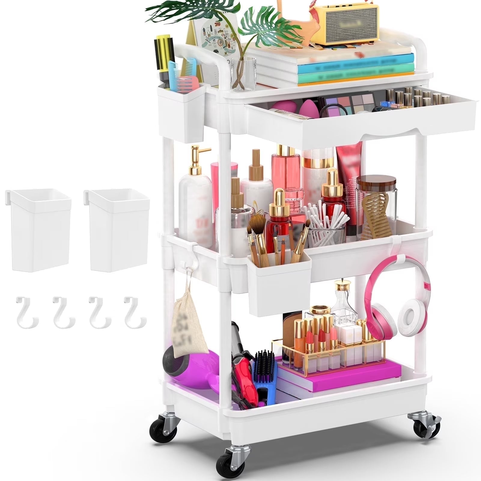 Yeabett 4 Tier Rolling Utility Cart Organizer with Removable Drawer, Mobile Storage Carts with 2 Lockable Wheels for Bathroom, Kitchen, Snack, Craft, Makeup, Baby Essentials, White