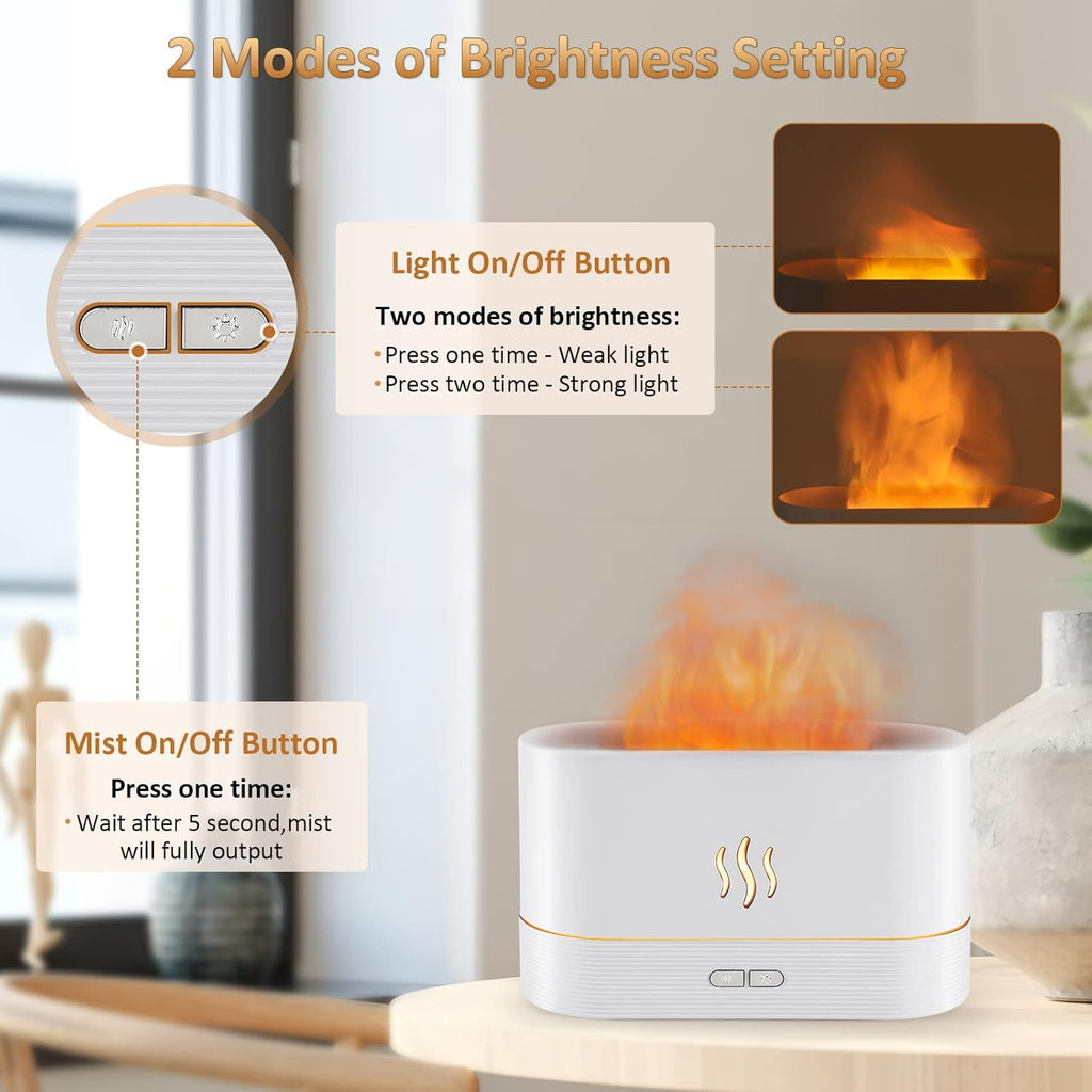 Flame Effect Essential Oil Diffuser & Humidifier - 180ML Auto Off, 2 Brightness Modes for Home, Office, Spa & Gym (White)