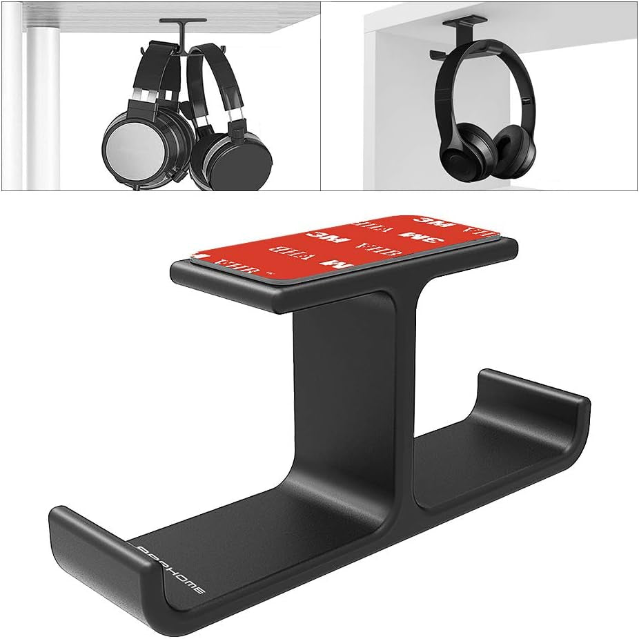 Space-Saving Dual Headphone Hanger Stand - Aluminum Adhesive & Screw Mount for All Headsets, Perfect PC Gaming Accessory - Black