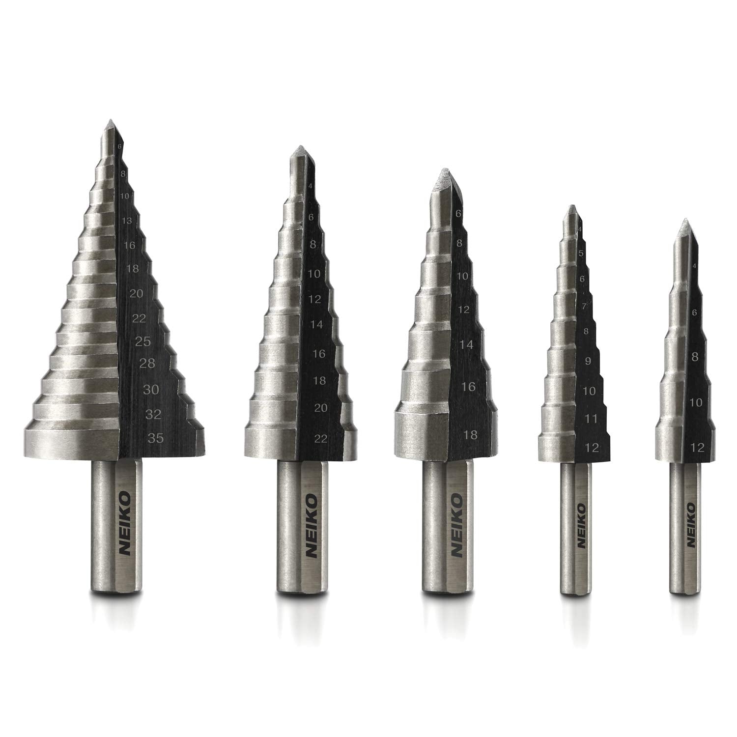 NEIKO 10198A Step Drill Bit Set | 5 Piece, 4Mm- 35Mm | Metric Titanium High Speed Steel Unibit, Stepper Cone Drill Bit | Two Flute Step down Bits, 135 Degree Point