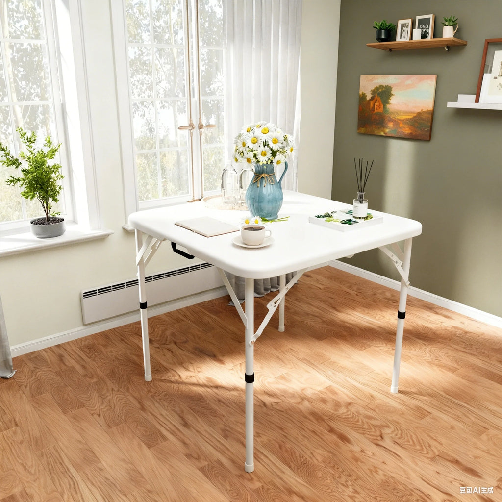 34" Square Folding Table,Fold-In-Half Plastic Card Table,Picnic Party Event Dining Camp Table for Indoor Outdoor,White