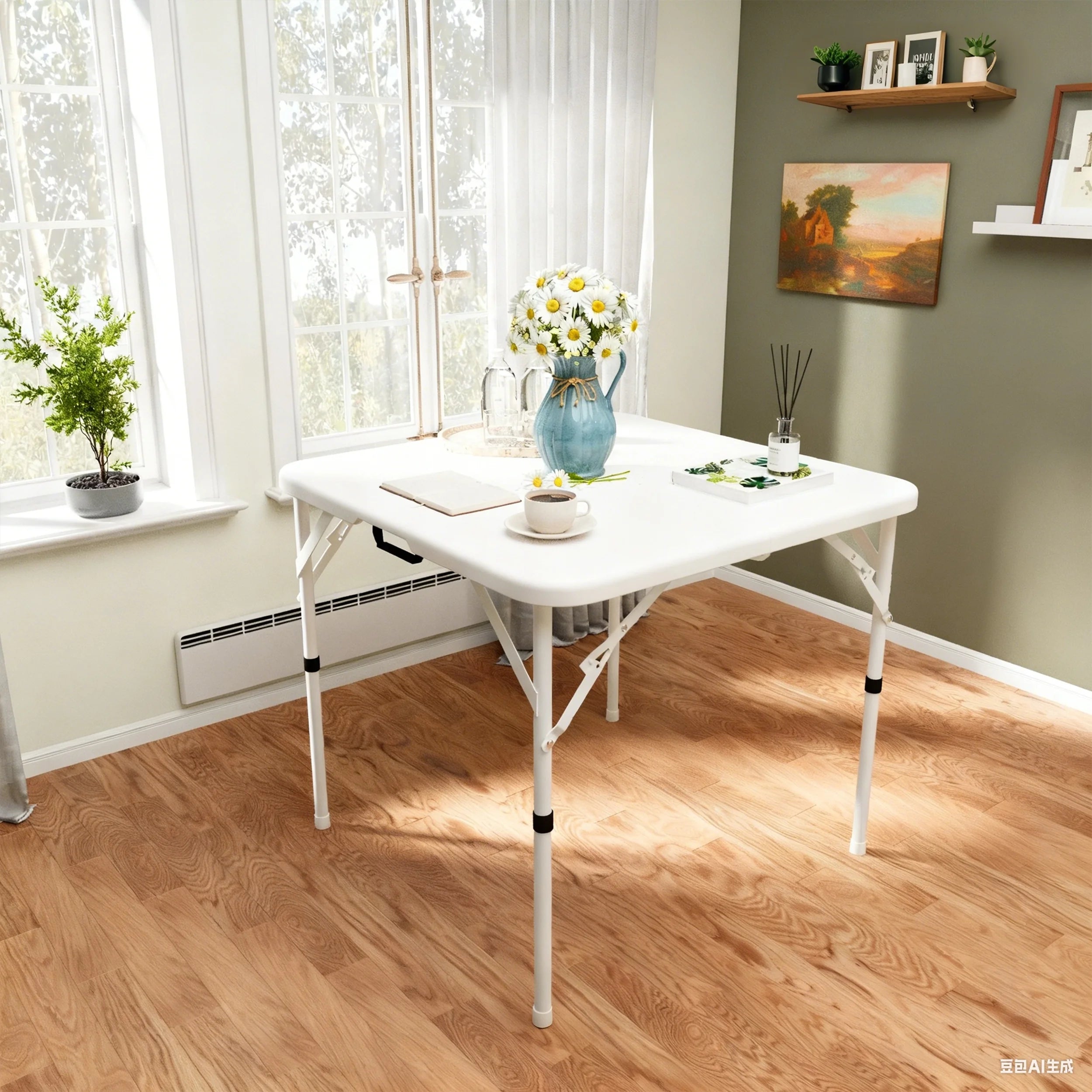 34" Square Folding Table,Fold-In-Half Plastic Card Table,Picnic Party Event Dining Camp Table for Indoor Outdoor,White