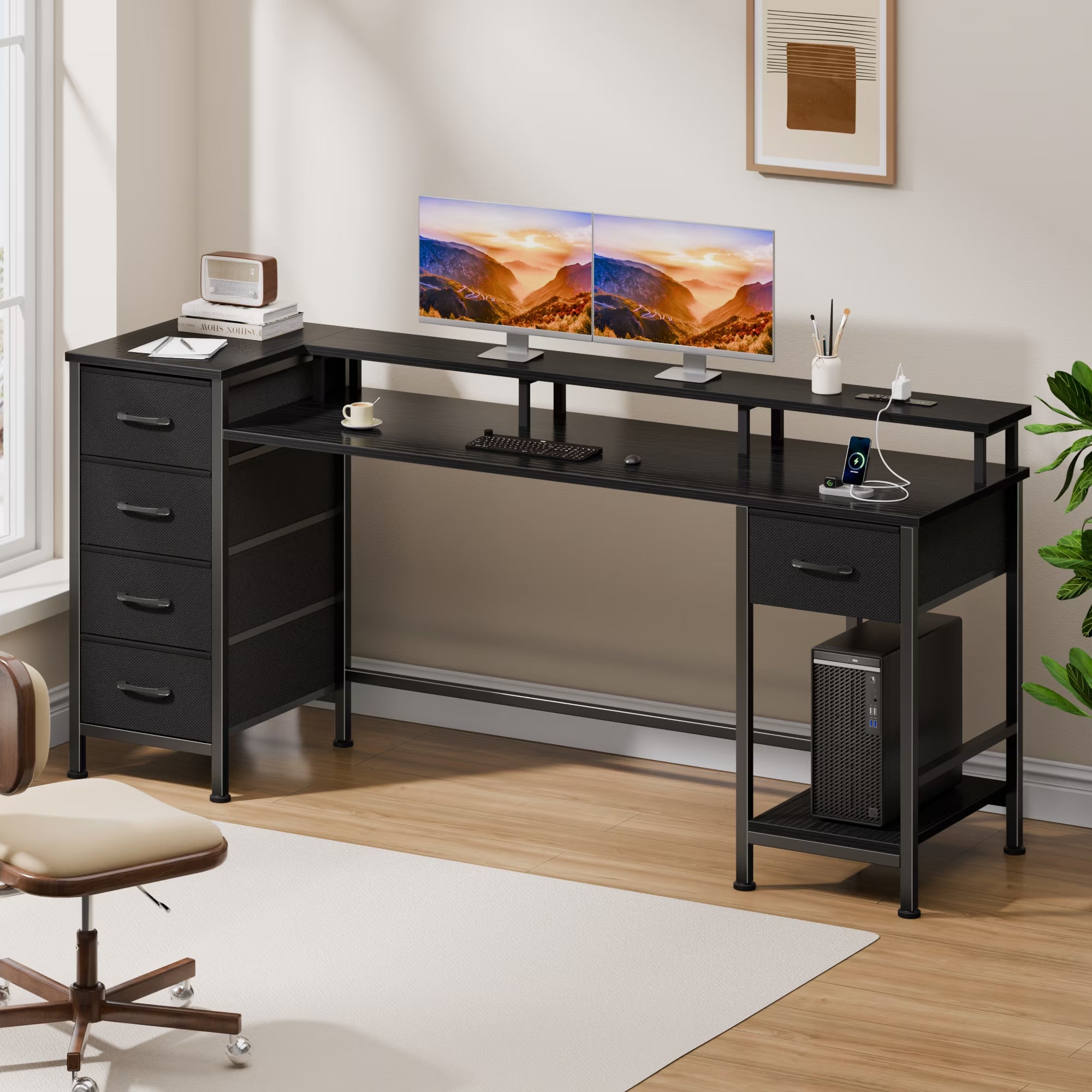 Gaming Desk with LED Lights & Power Outlets, 66" Computer Desk with 5 Fabric Drawers & Open Storage, Reversible Home Office Desk,Black