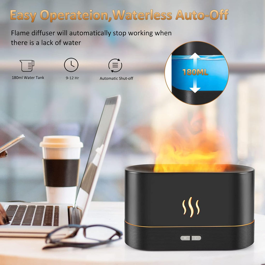 Flame Effect Essential Oil Diffuser & Humidifier - 180ML Auto Off, 2 Brightness Modes for Home, Office, Spa & Gym (White)