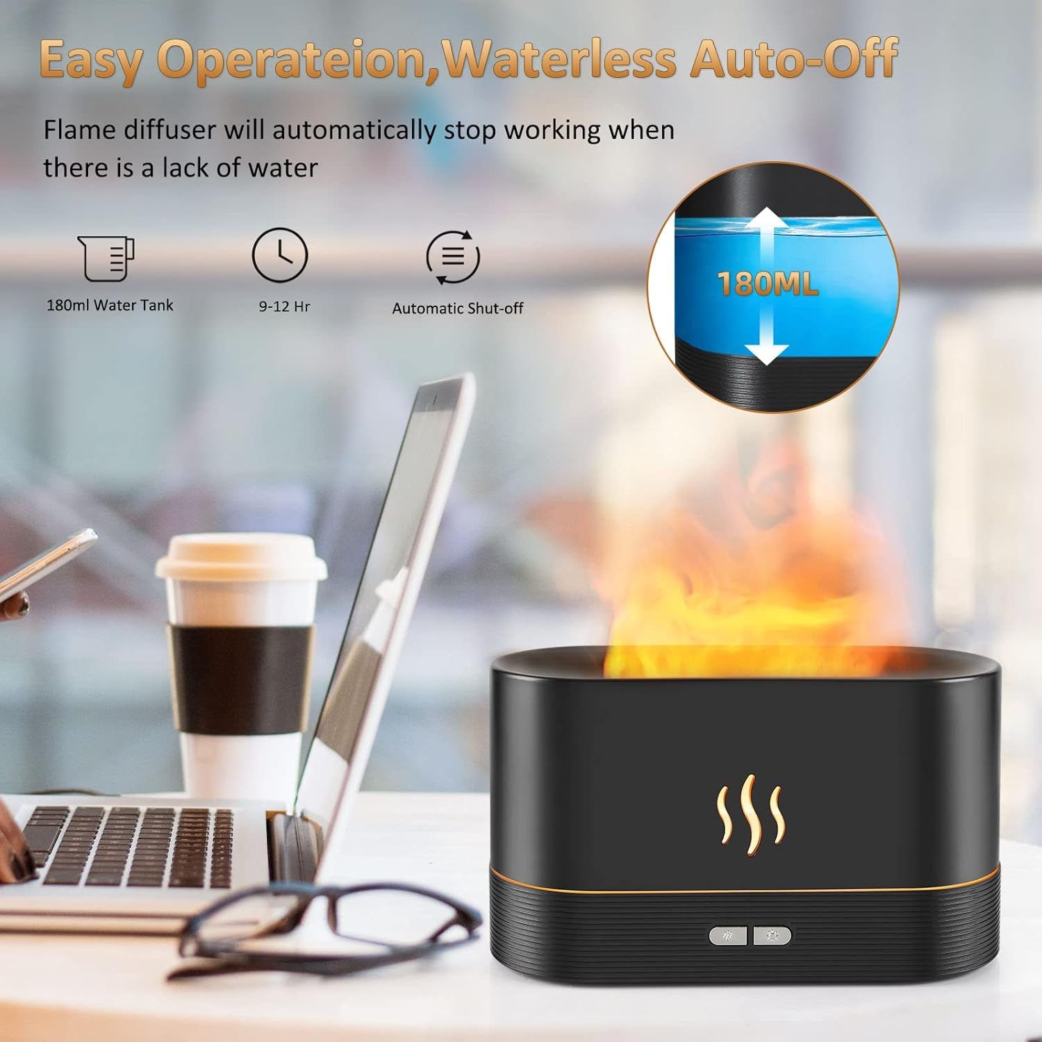 Flame Effect Essential Oil Diffuser & Humidifier - 180ML Auto Off, 2 Brightness Modes for Home, Office, Spa & Gym (White)