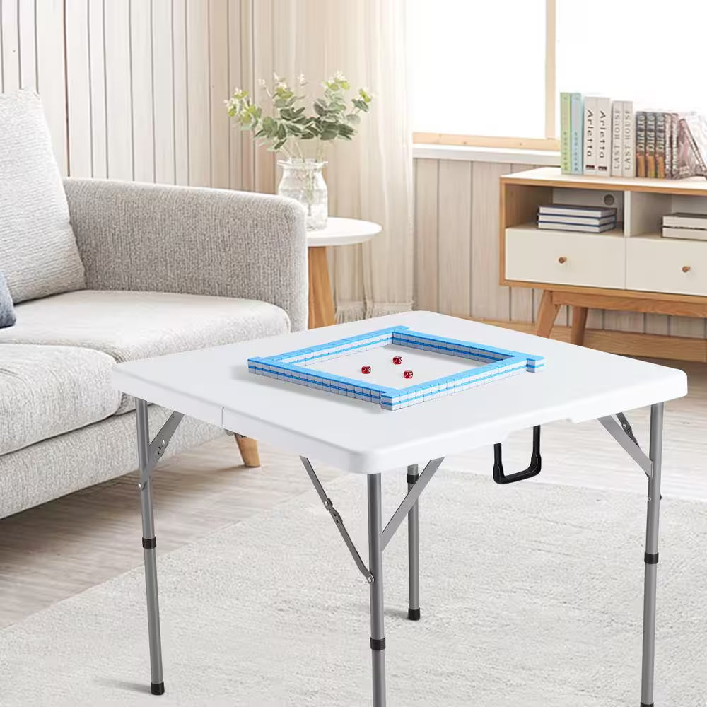 Mahjong Table Fold-In-Half 4 Player Card Table with Wear-Resistant Green Tabletop Portable Square Domino Table