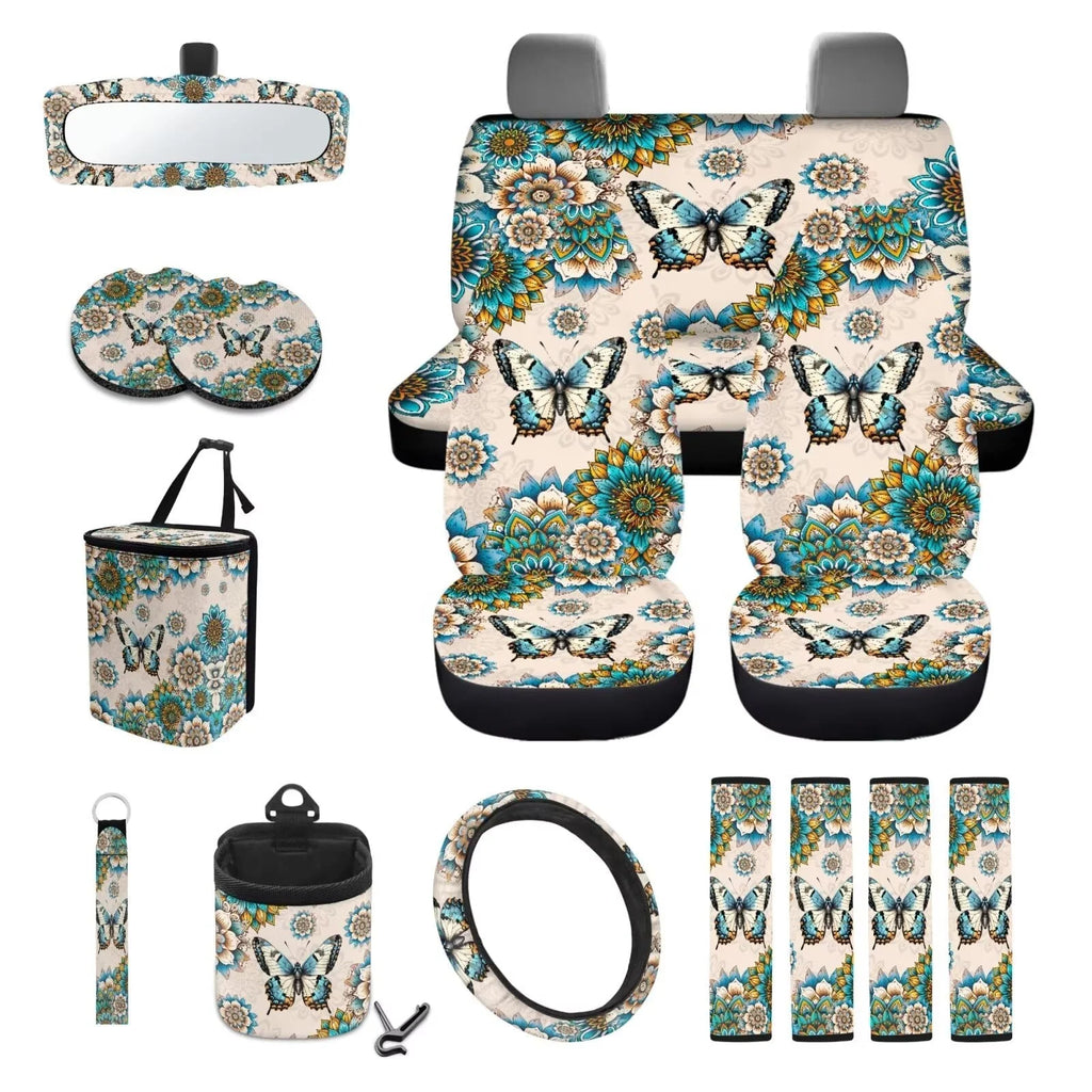 Butterfly Car Seat Covers Full Set for Women Boho Car Accessories Set 15 Pcs Universal Fit Steering Wheel Cover and Seat Belt Pad for Most Cars, Suvs, Trucks