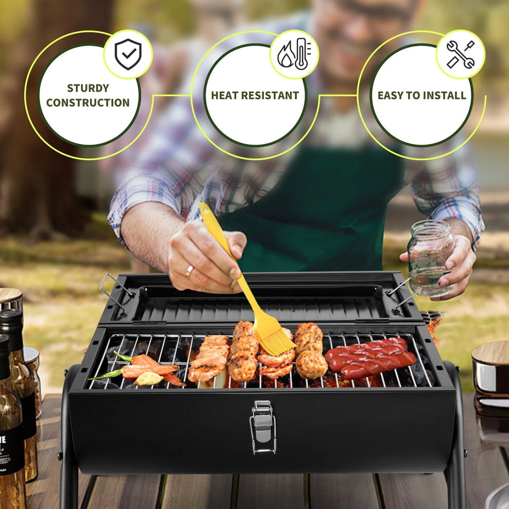 Portable Charcoal Grill, Small Tabletop Barbecue Grill with Tray, Grilling Rack, and Charcoal Rack, Suitable for Outdoor Camping Picnic Backyard Beach - Black