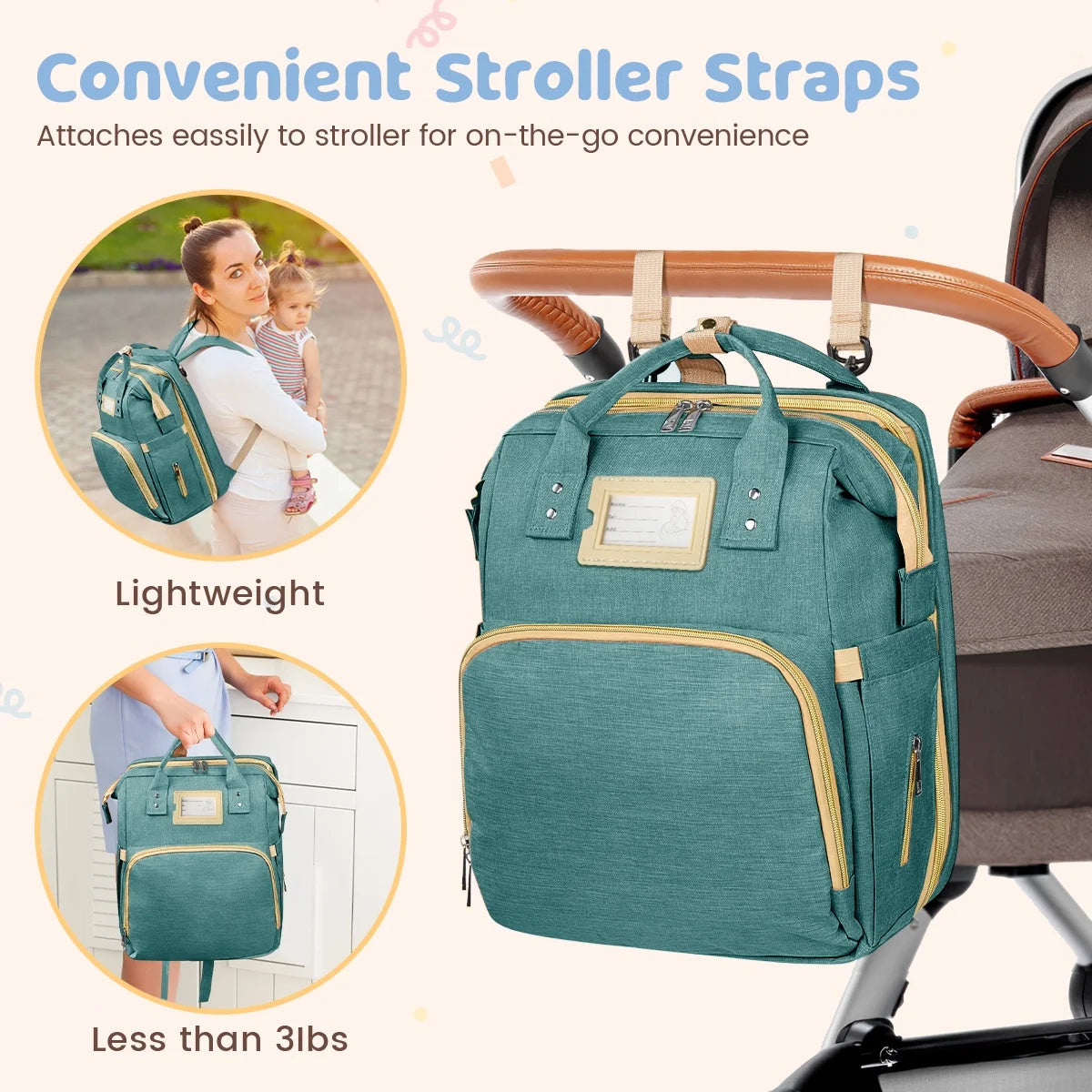 GPED Multifunctional Diaper Bag Backpack with Changing Station & Insulated Pockets, Green