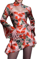 Women Sexy Criss Cross Halter Y2K Mini Dress with Gloves Cutout Vintage Short Bodycon Party Night Club Outfits Floral M