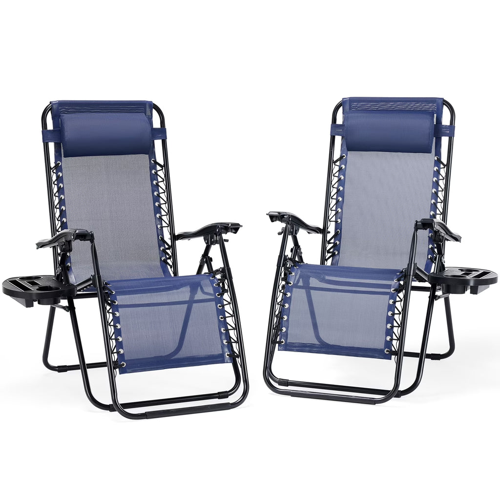 2PCS Zero Gravity Patio Recliner, Textilene Folding Lounge with Adjustable Pillow & Cup Tray, Blue