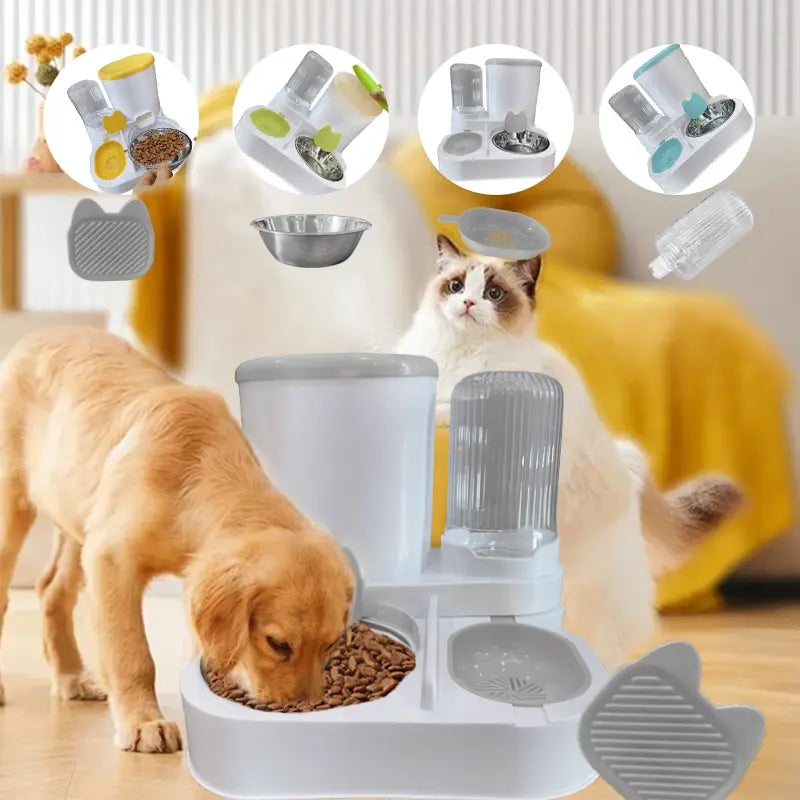 Automatic Pet Feeder and Water Dispenser with Integrated Round Plastic Bowl for Cat Food Storage