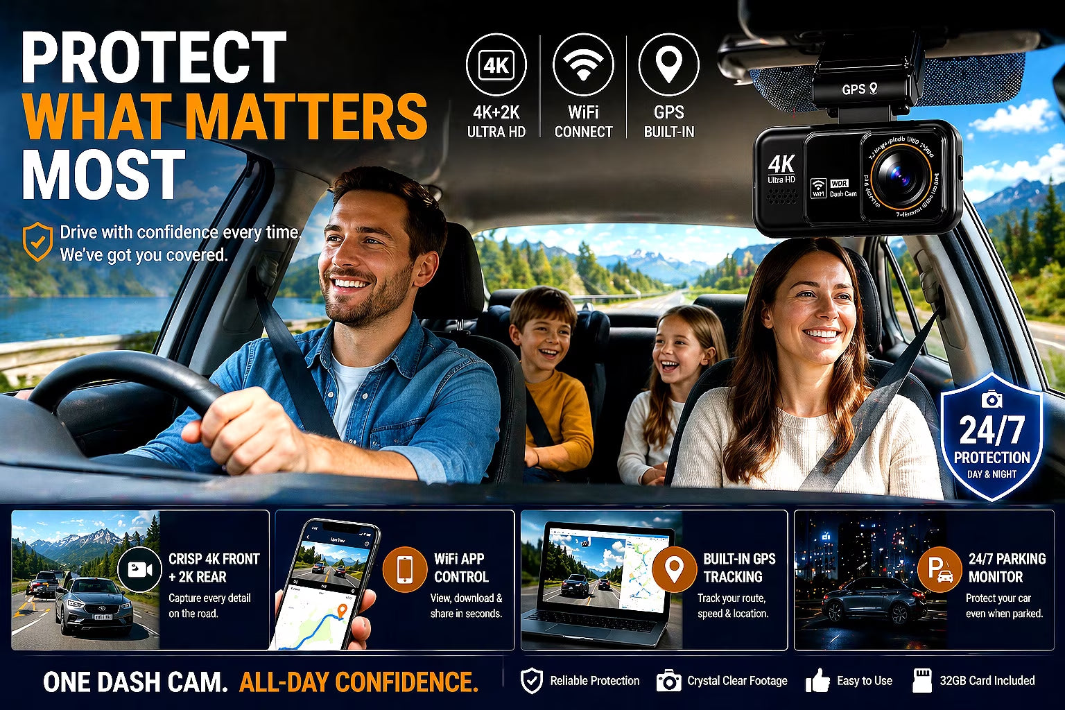 4K Dash Cam Front & 2K Rear, Wifi GPS, Night Vision, Parking Mode, Loop Recording, Memory Card Included