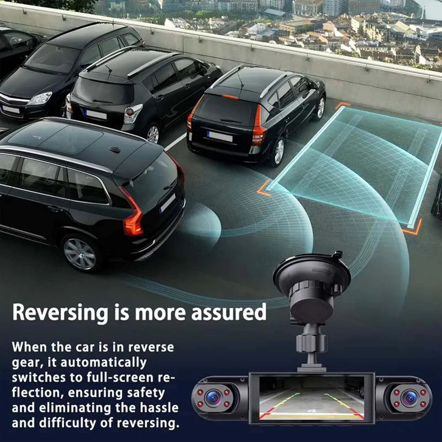 Full View Car Dashcam System, 360 Degree Car Dash Cam Wireless, 1080P 4-Lens Panoramic Driving Recorder, Wifi Camaras Para Vehiculos with Interior Infrared Light, for Cars (Three Sides)