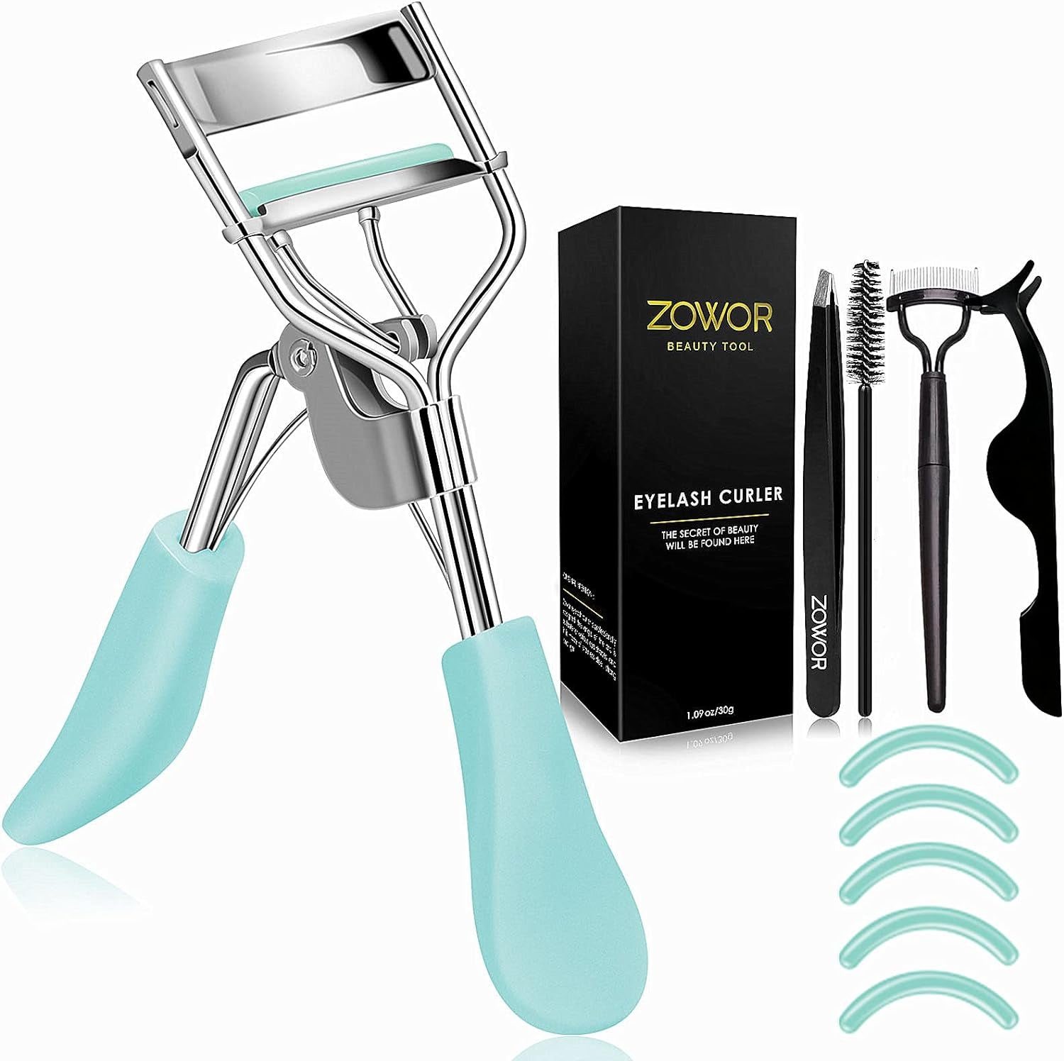 Ultimate Eyelash Curler Set - Includes Comb, Brush & 5 Silicone Refill Pads for All Eye Shapes - Long-Lasting Natural Curls - Perfect Makeup Gift for Women (Blue)