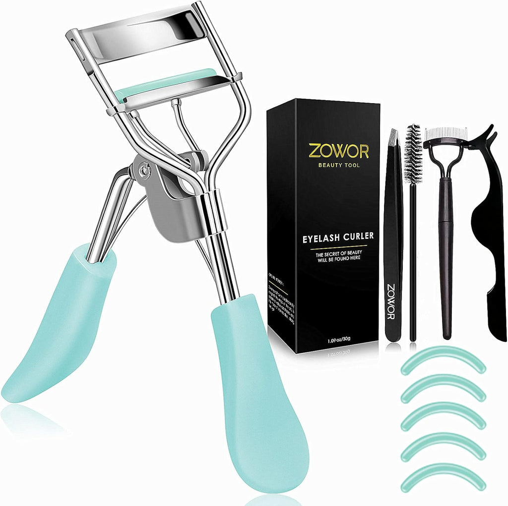 Ultimate Eyelash Curler Set - Includes Comb, Brush & 5 Silicone Refill Pads for All Eye Shapes - Long-Lasting Natural Curls - Perfect Makeup Gift for Women (Blue)