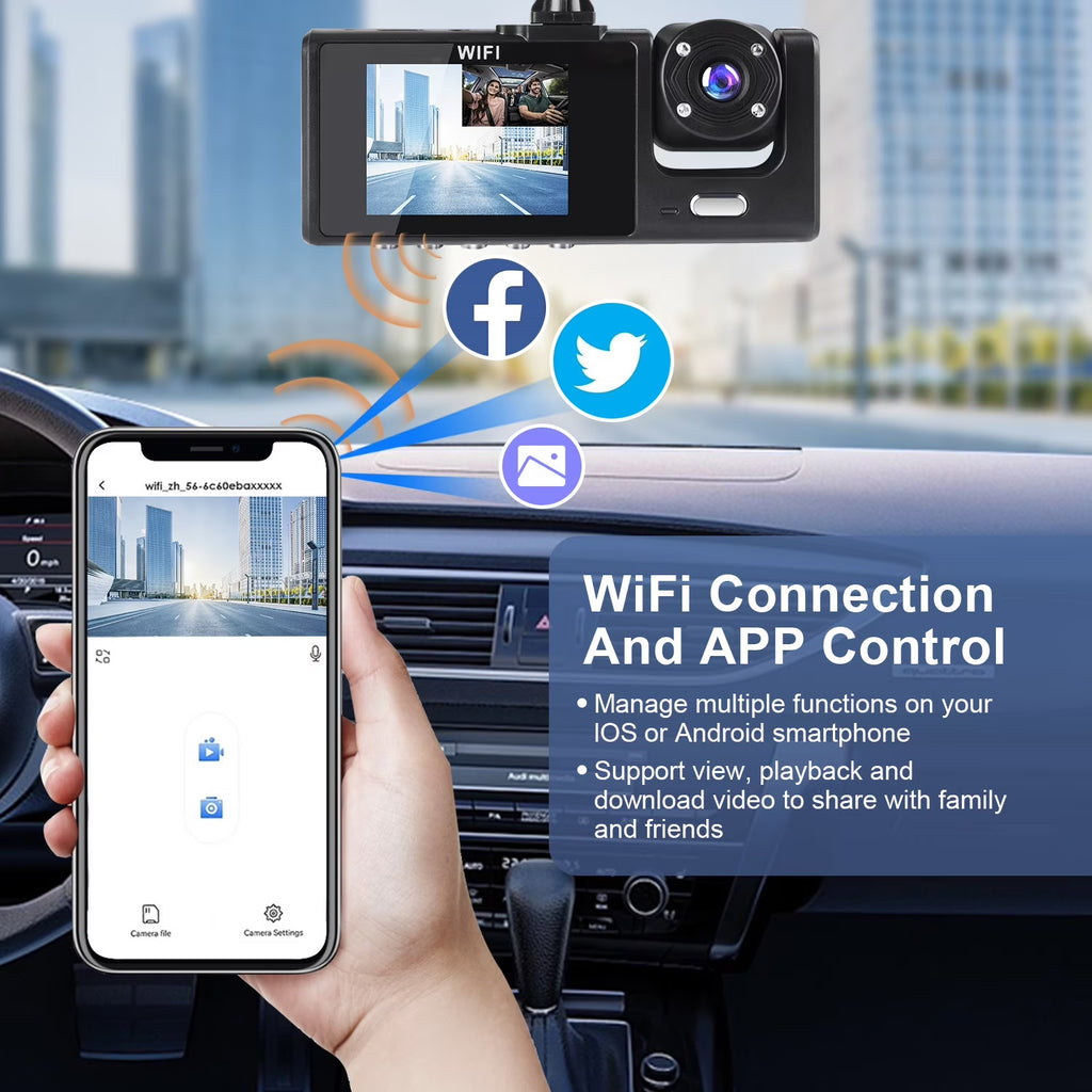 AILKIN Dash Cam Front and Rear,Full HD 1920P/1080P Dash Cam Wifi App 3 Channel Dash Cam Front and Rear inside 170°Wide Angle Loop Recording Dash Camera for Cars with Night Vision