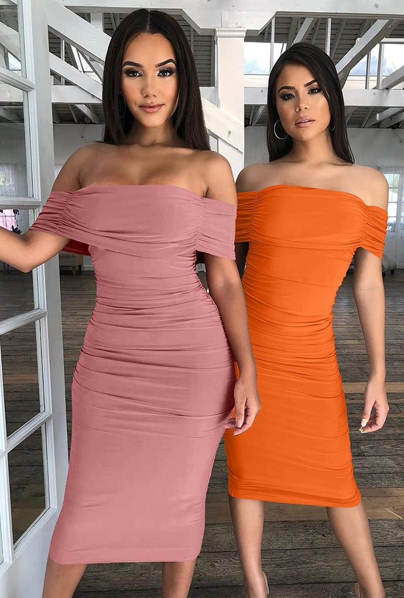 GOBLES Women'S Ruched off Shoulder Short Sleeve Bodycon Midi Elegant Cocktail Party Dress Fluo Orange