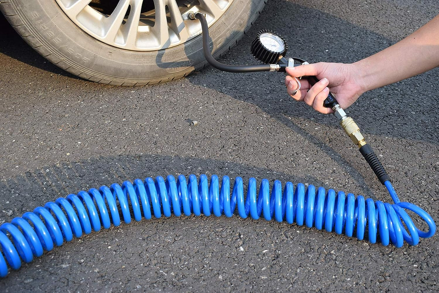 YOTOO 25' Polyurethane Air Compressor Hose - 1/4" Inner Diameter with Bend Restrictor & Quick Coupler - Durable Blue Design
