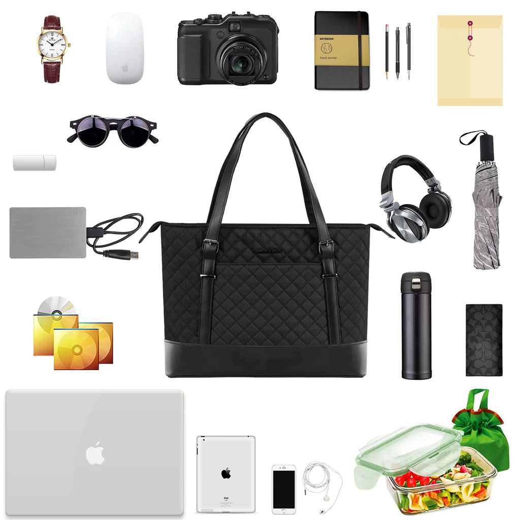 KROSER 15.6" Quilt Laptop Tote Bag, Computer Shoulder Bag, Black