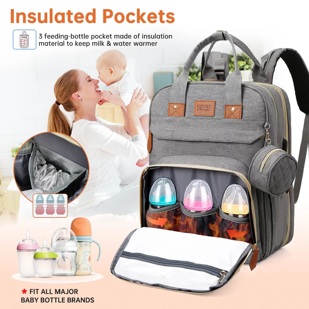 Diaper Bag Backpack, Multifunction Diaper Bag Backpack with Changing Station, USB Charging Port & Foldable Crib, Large Capacity Travel Backpack W/Sunshade&Pacifier Case&Stroller Straps(Grey)