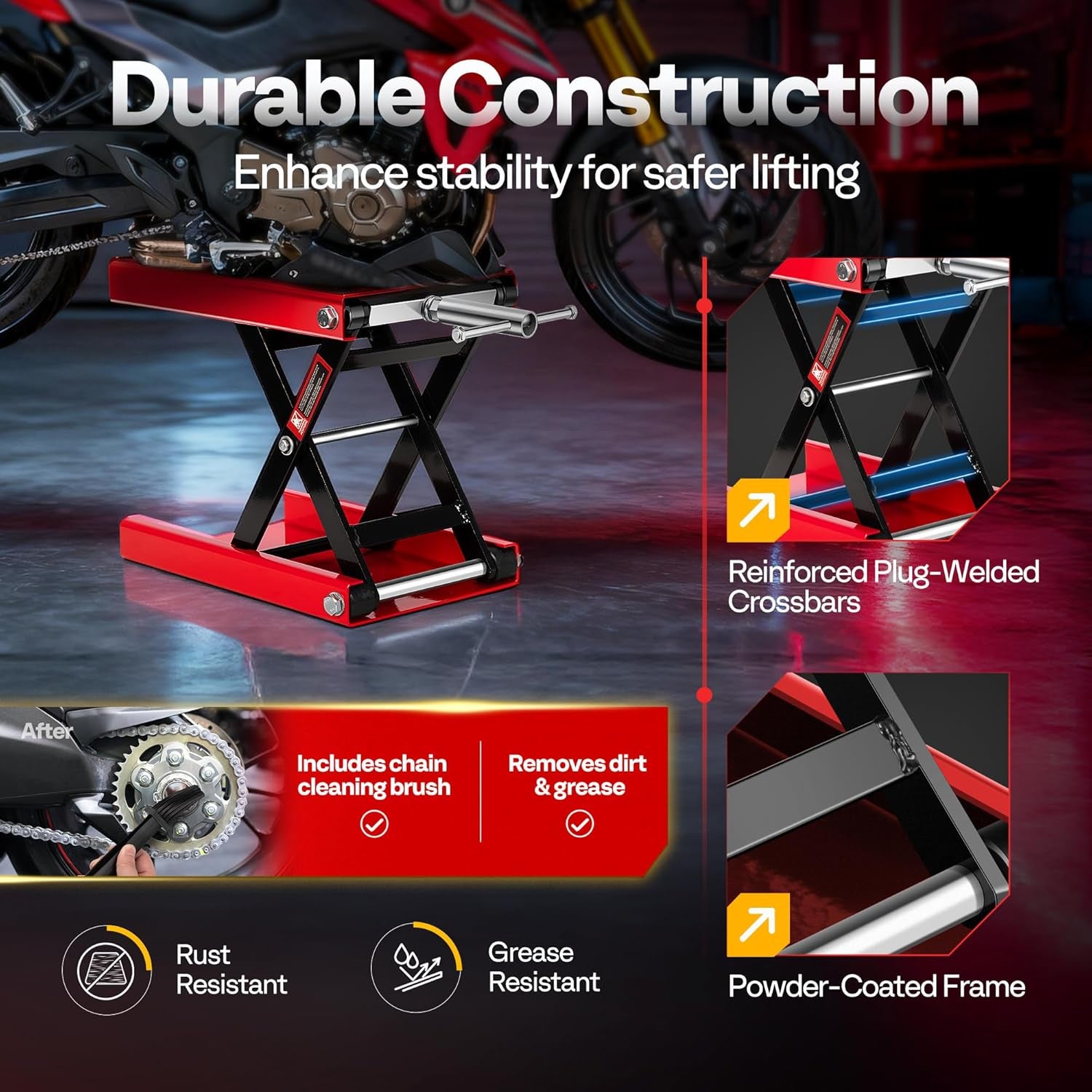 VIVOHOME 1100 LBS Heavy-Duty Motorcycle Lift Scissor Jack - Adjustable Height Hoist Stand for Cruisers, Dirt Bikes & ATVs - Durable Steel Construction in Red