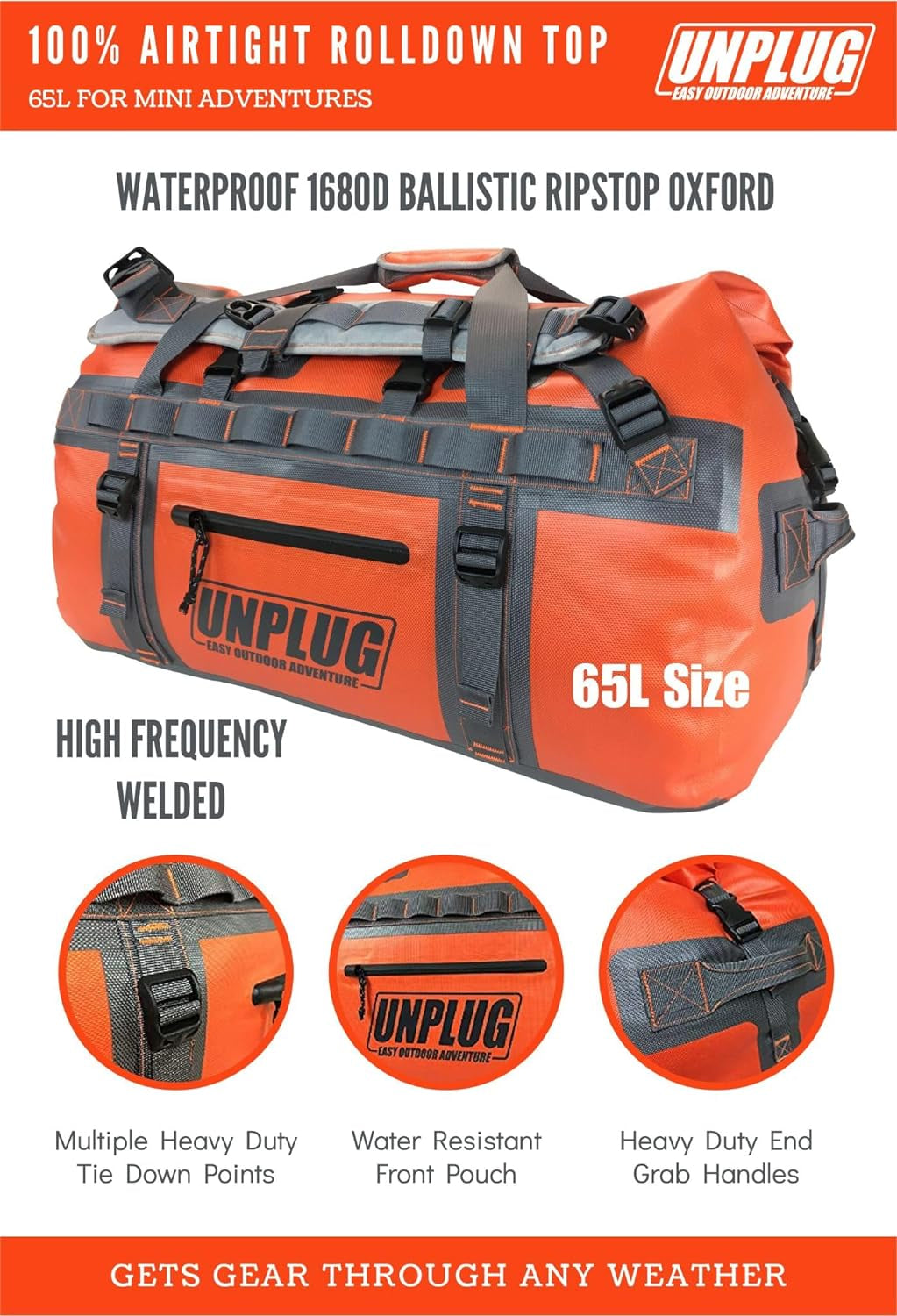 UNPLUG Ultimate Adventure | 1680D Heavy Duty Waterproof Bag | Large Travel Bag Which Can Be Used for Camping, Motorcycling, Boating, or Hunting| 65L Adventure Orange