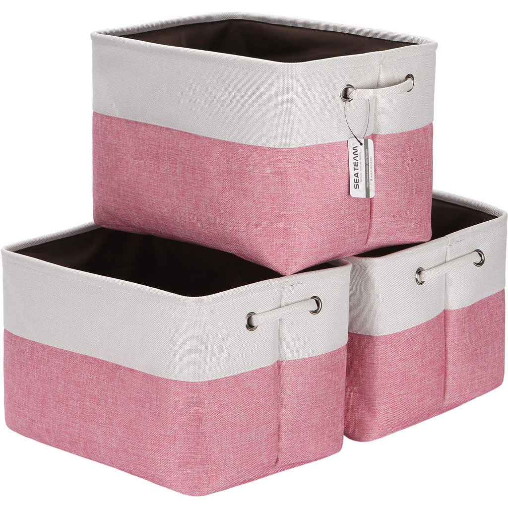 3-Pack Large Storage Basket Set, Trunk Organizer, Clothes Toys Bin, 15 X 10 X 10 Inches, Big Rectangular Canvas Fabric Collapsible Shelf Box with Handles, Pink & White