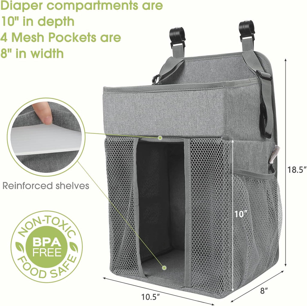 Maliton Changing Table Diaper Organizer - Baby Hanging Diaper Stacker Nursery Caddy Organizer for Cribs Playard Baby Essentials Storage (Gray)