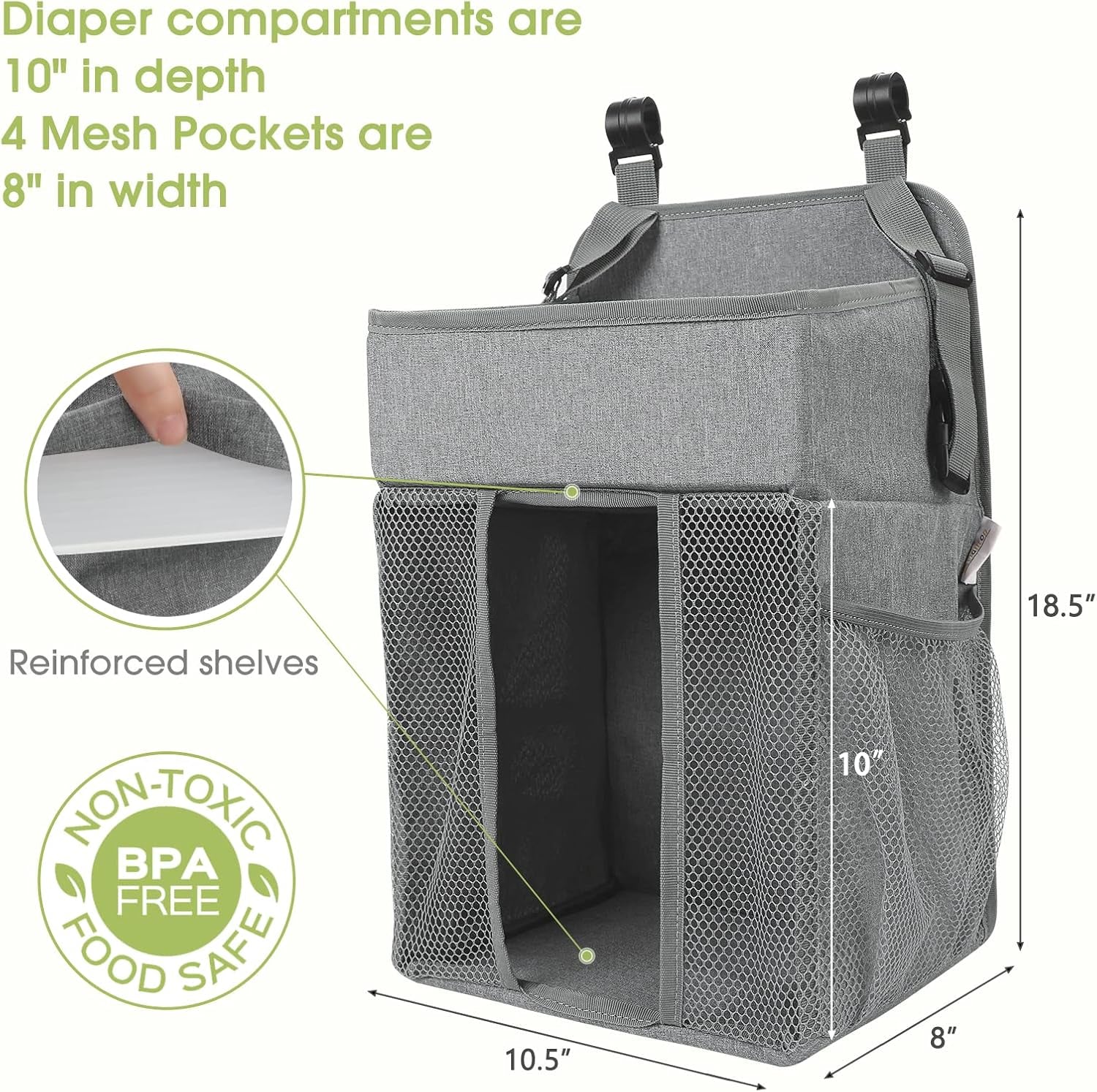 Maliton Changing Table Diaper Organizer - Baby Hanging Diaper Stacker Nursery Caddy Organizer for Cribs Playard Baby Essentials Storage (Gray)