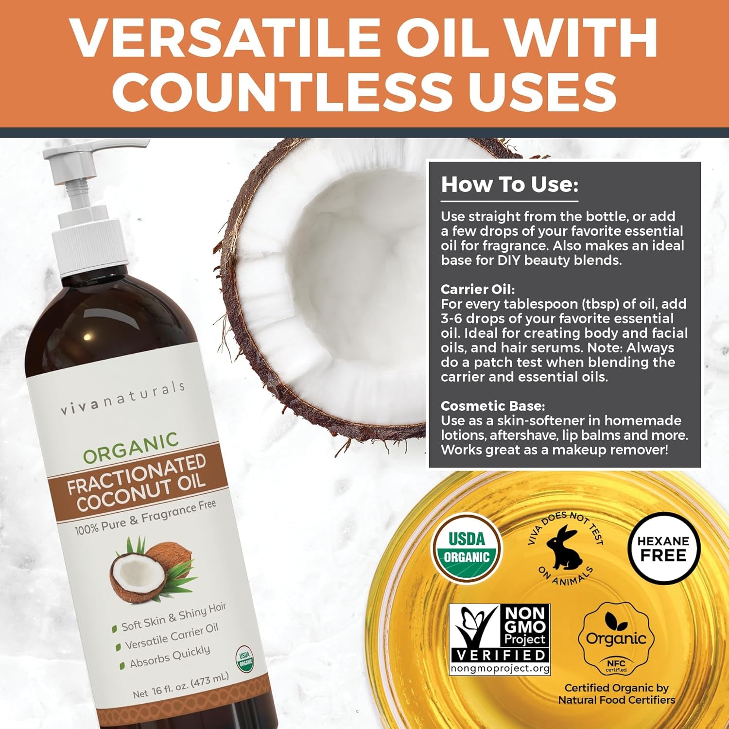 Viva Naturals Organic Fractionated Coconut Oil – 16 Fl Oz Multi-Purpose Moisturizer for Skin, Hair, and Massage, Perfect Carrier Oil for Essential Oils