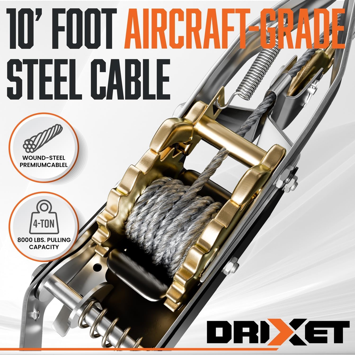 Drixet 4 Ton Come Along Winch - Heavy Duty Power Puller Hand Winch with Cable, Pulley, and Dual Gears Ratchet System for Effortless Pulling (3 Hooks)