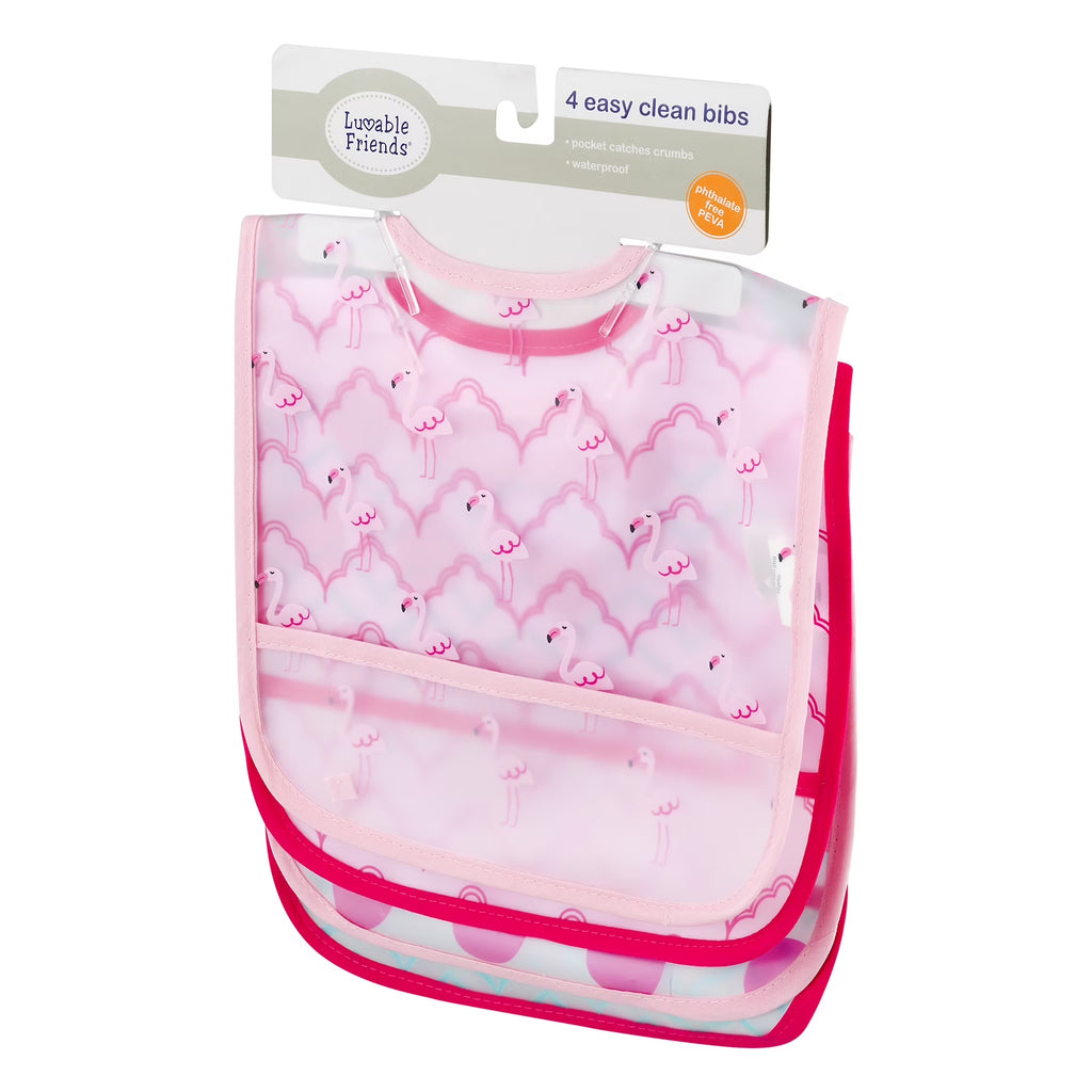 Luvable Friends Baby Girl Waterproof PEVA Bibs 4Pk, Flamingo, One Size