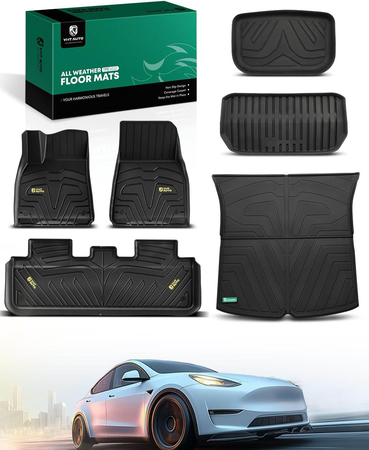 YHTAUTO All-Weather Floor Mats & Cargo Liners for Tesla Model Y (2020-2025) - Set of 6, Black - Perfect Fit for 5-Seat Models (Excludes Juniper)