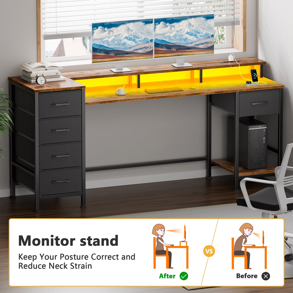 Gaming Desk with LED Lights & Power Outlets, 66" Computer Desk with 5 Fabric Drawers & Open Storage, Reversible Home Office Desk,Black