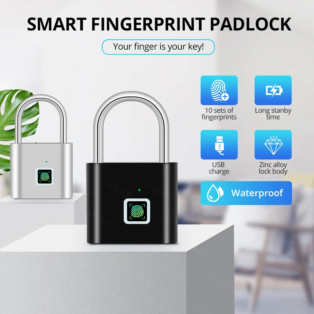 KERUI Keyless USB Rechargeable Fingerprint Smart Padlock - Waterproof, Quick Unlocking, Portable Anti-Theft Zinc Lock