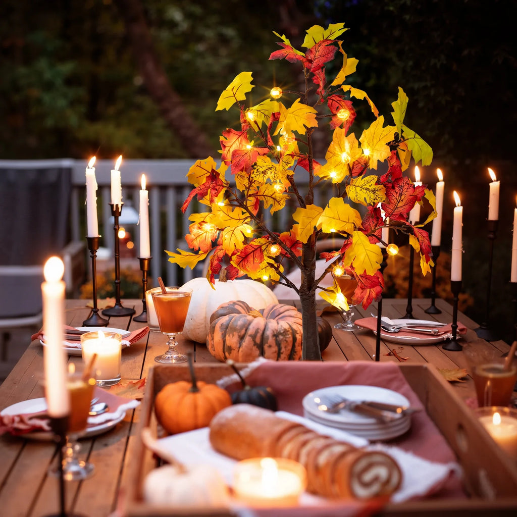 Fall Decorations for Home, 25" 24 LED Artificial Fall Maple Leaves Table Tree with Pumpkins Lights Indoor Wedding Party Autumn Thanksgiving Decor