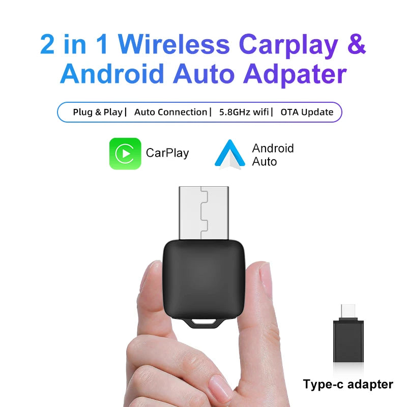 Wired to Wireless Carplay/Android Auto Adapter, 5Ghz Wifi5,Usb/Type-C Plug and Play, for 99% Original Wired Carplay/Auto Cars