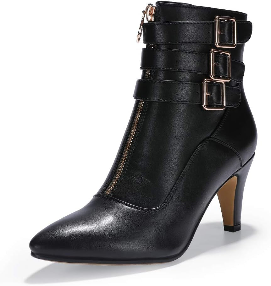 IDIFU Women'S Pointed Toe Metal Buckle Two Strap Ankle Booties Side Zipper Kitten Heel Dress Classic Short Boots