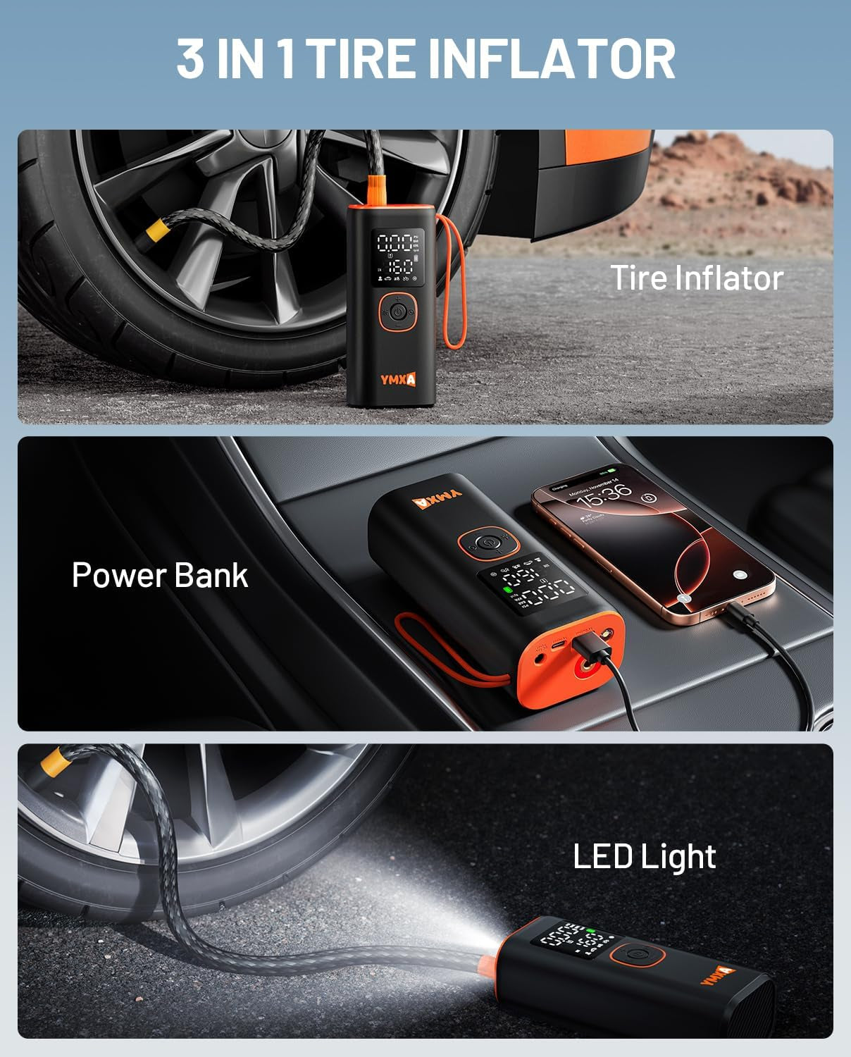 Portable Tire Inflator for Car - 5X Faster 160 PSI, DC 12V Air Pump for Car Tires, Portable Air Compressor with Large Dual Digital Screen, Tire Air Pump for with Light Truck, Motorcycle, Bike