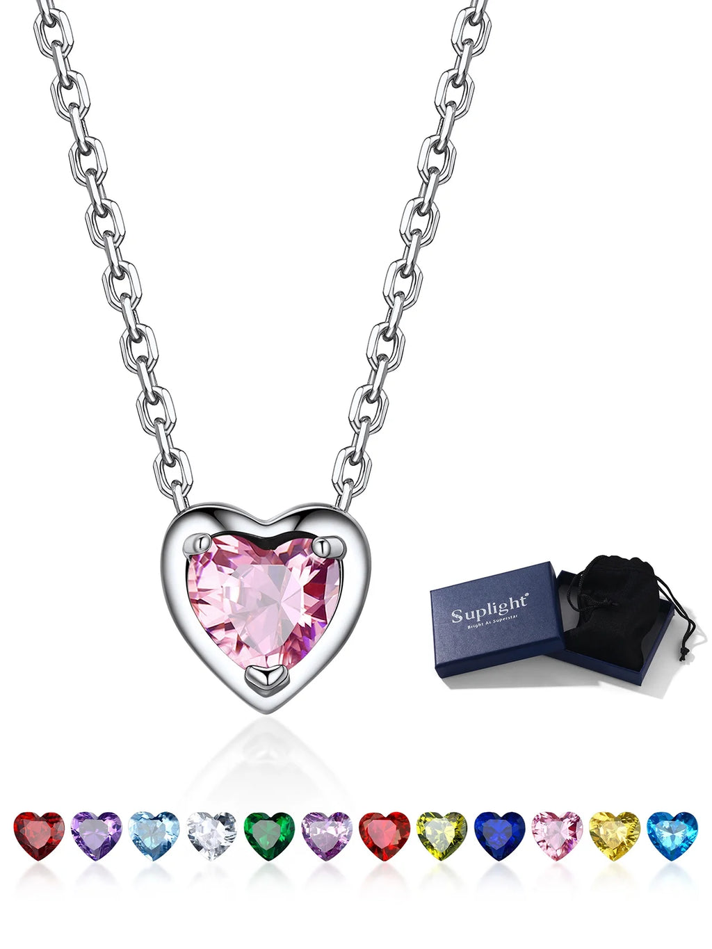 Suplight Silver Necklace for Women 925 Sterling Silver Birthstone Love Heart Necklace
