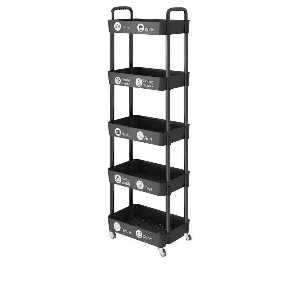 5-Tier Black Storage Organizer with Wheels and Classified Stickers, Utility Storage Carts for Bathroom, Laundry, Kitchen