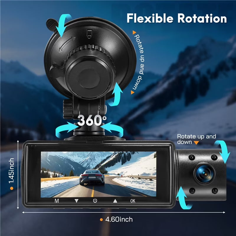 Dash Cam,3 Channel Dash Cam 4K 720P Dash Cam Front and inside Dash Camera with 64GB Card,Night Vision,G-Sensor,24Hr Parking,Triple Car Camera with IR Night Vision