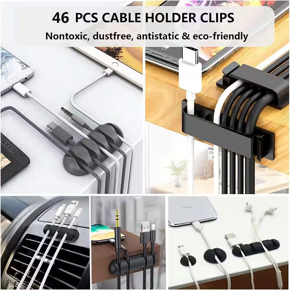 Cord Management Organizer Kit 4 Cable Sleeve Split 41 Self Adhesive Clips Holder 10-Piece 2 Roll Self-Tie 100 Ties Black